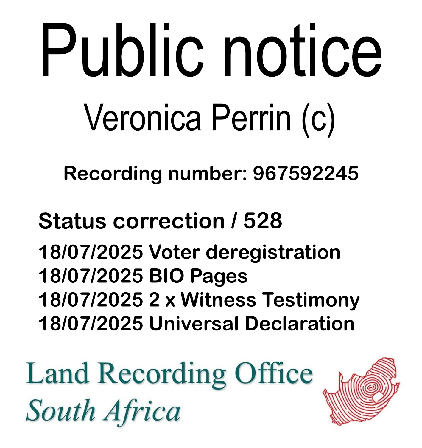 Public notice Veronica Perrin (c) Recording number 967592245